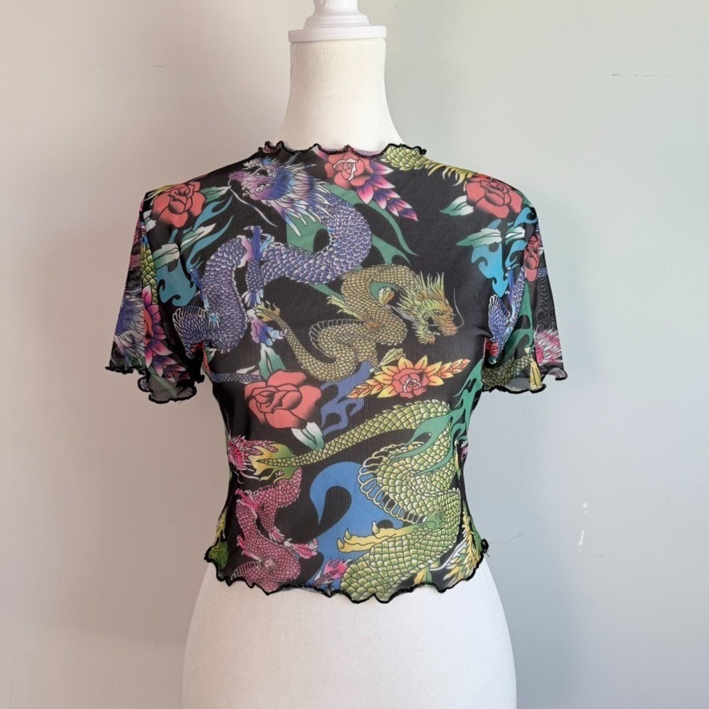Y2K Asian Dragon Sheer Mesh Top and Mini Skirt Medium 2 Piece Set Indie Fairy - Picture 2 of 9